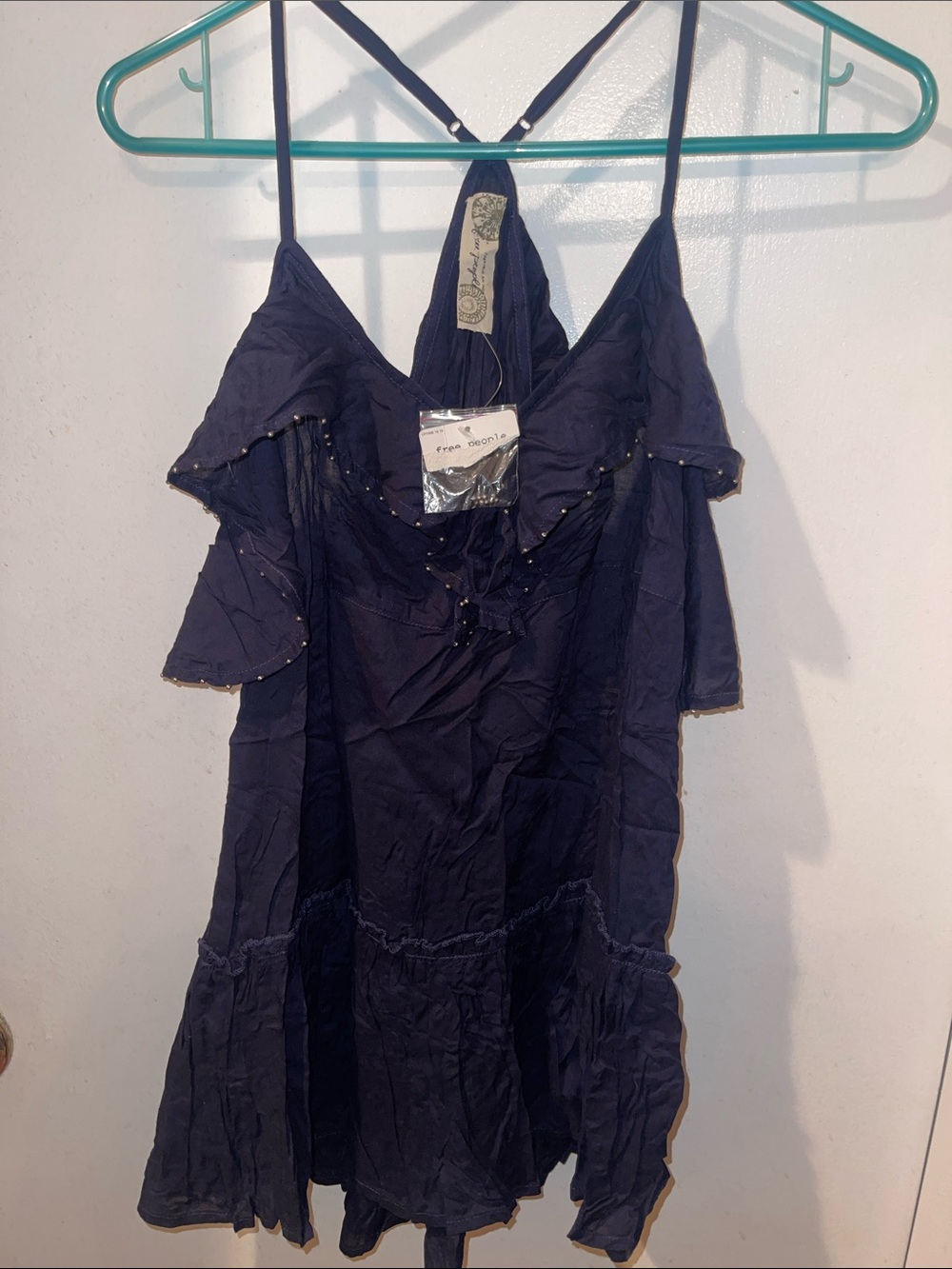 Free People Women's Navy Spaghetti-Strap Ruffle Shirt